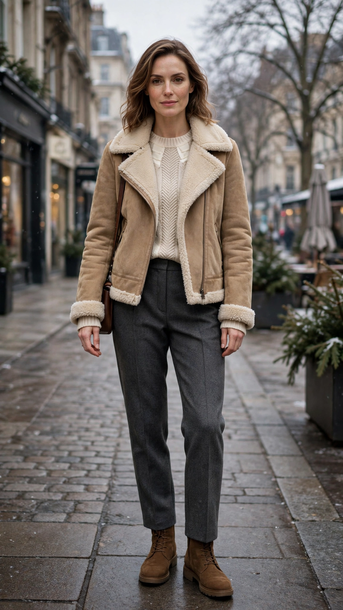 Cream Accent Suede Shearling Jacket with wool trousers