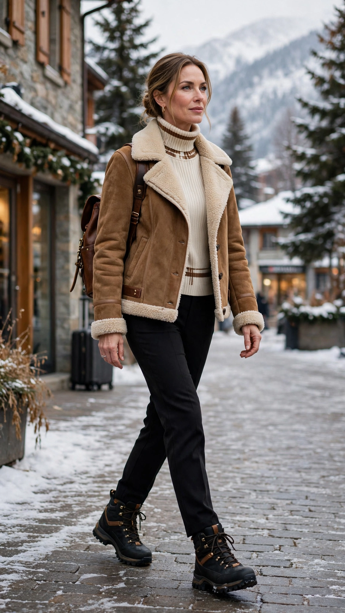 Brown Accent Suede Shearling Jacket with black trousers