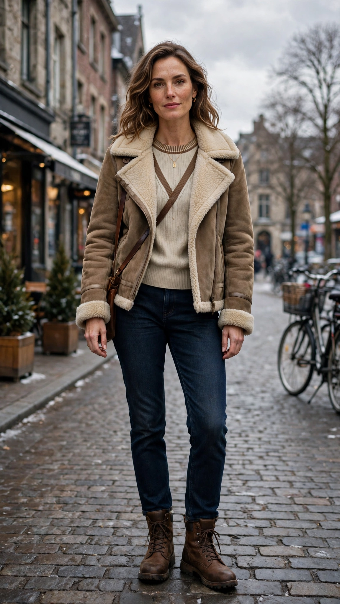 Brown Accent Suede Shearling Jacket with dark jeans