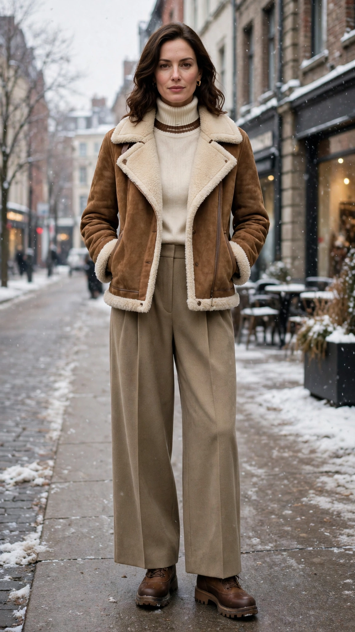 Brown Accent Suede Shearling Jacket with wide-leg trousers