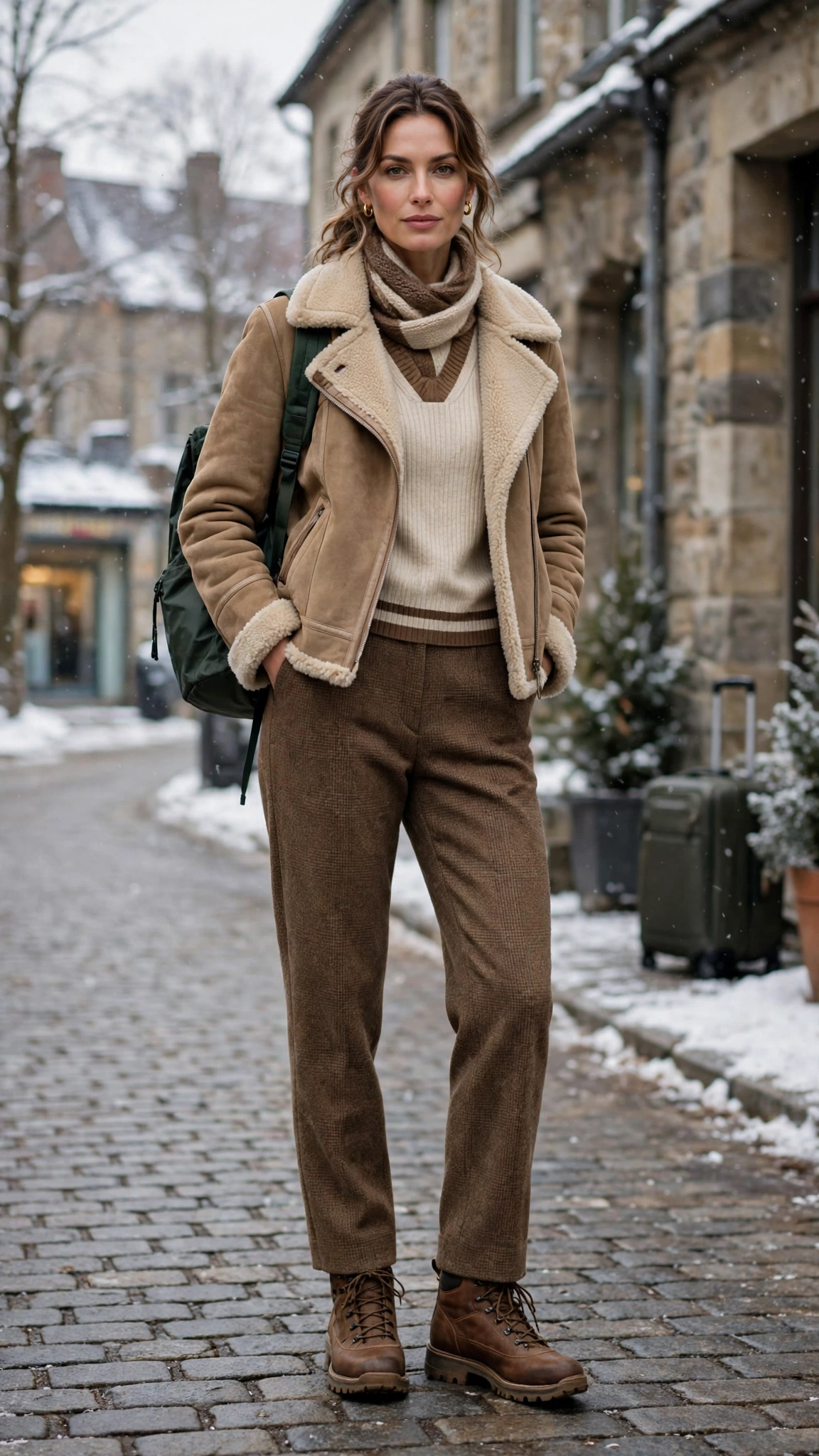 Brown Accent Suede Shearling Jacket with wool trousers