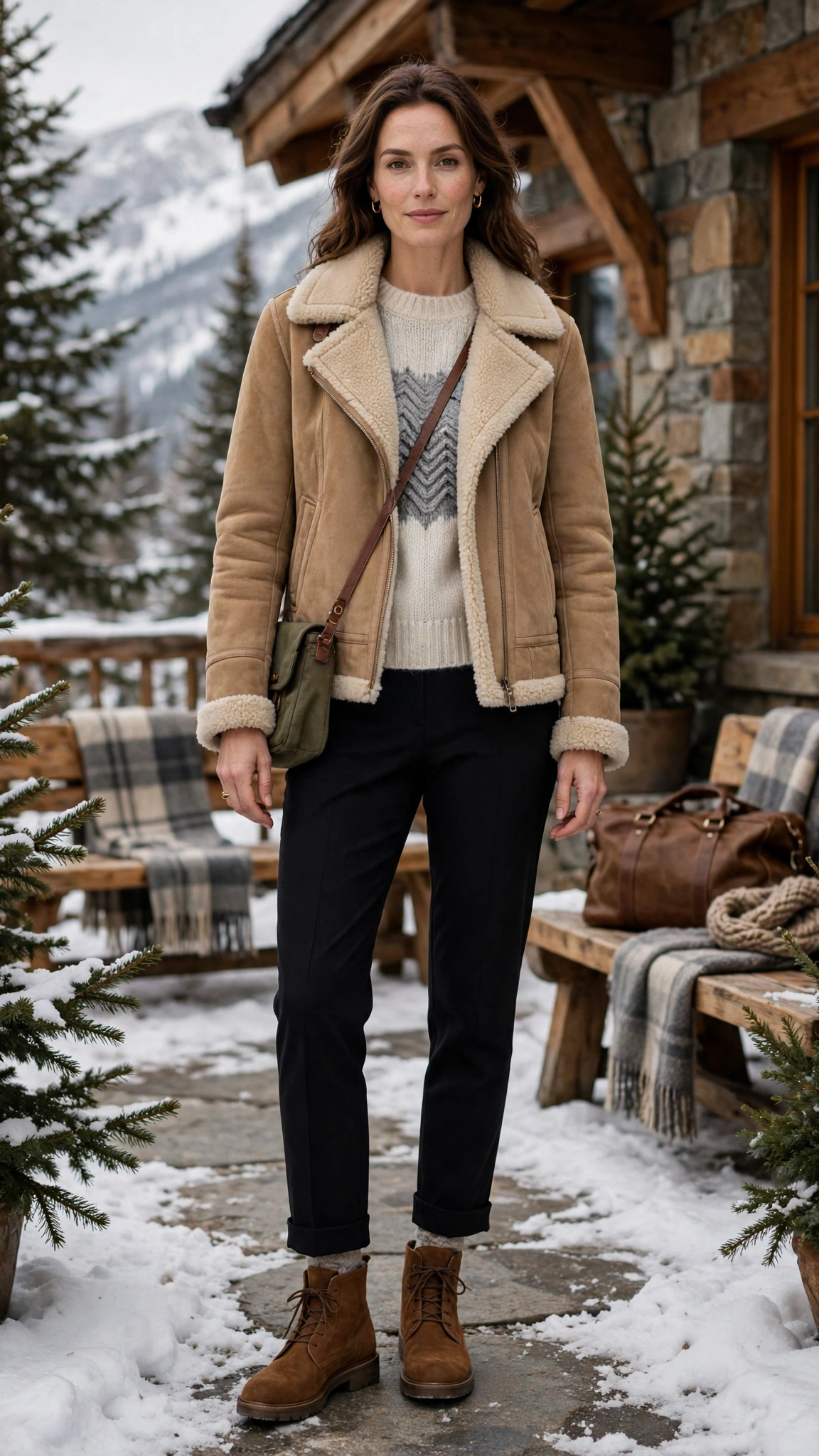 Grey Accent Suede Shearling Jacket with black trousers