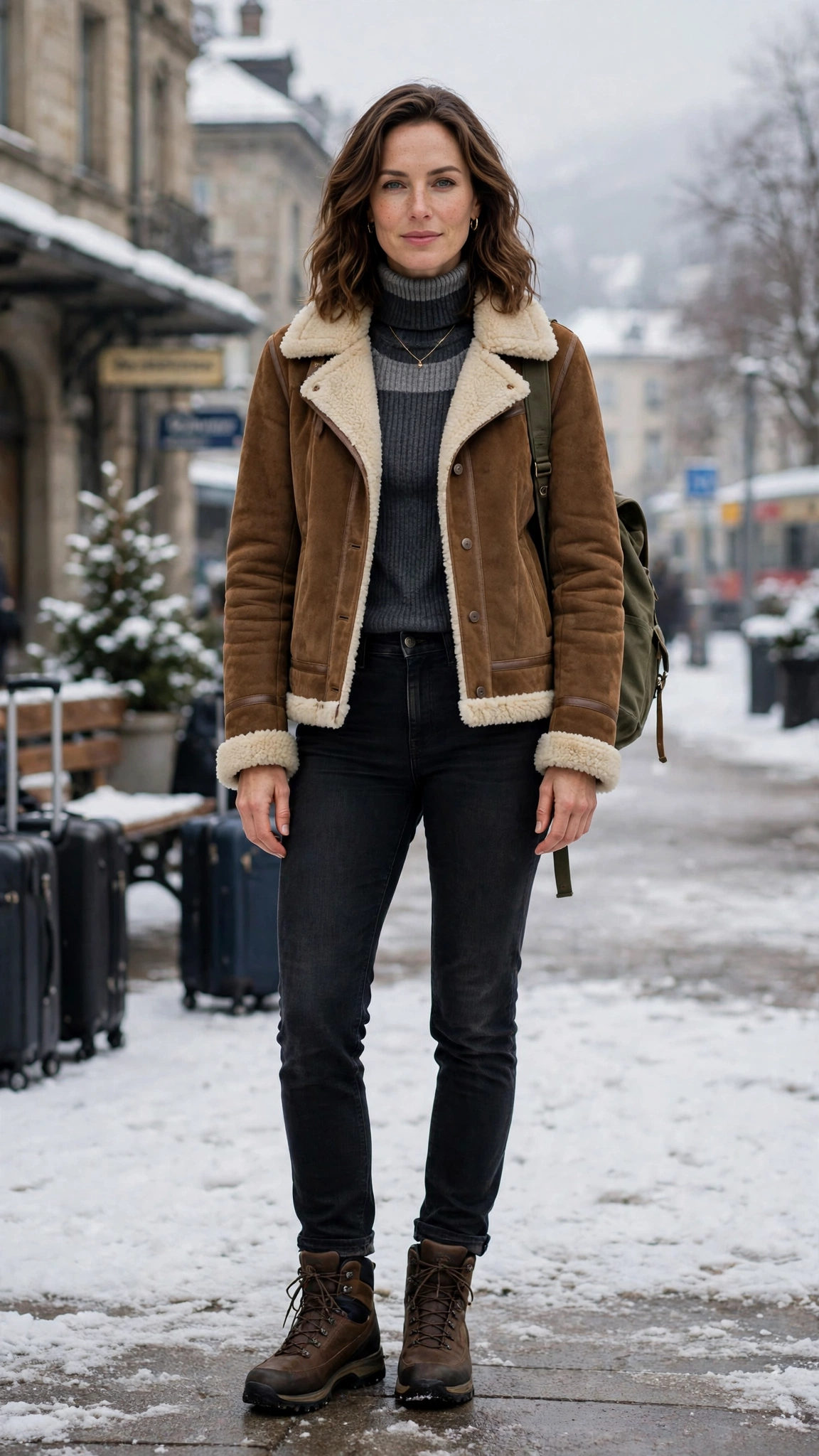 Grey Accent Suede Shearling Jacket with dark jeans