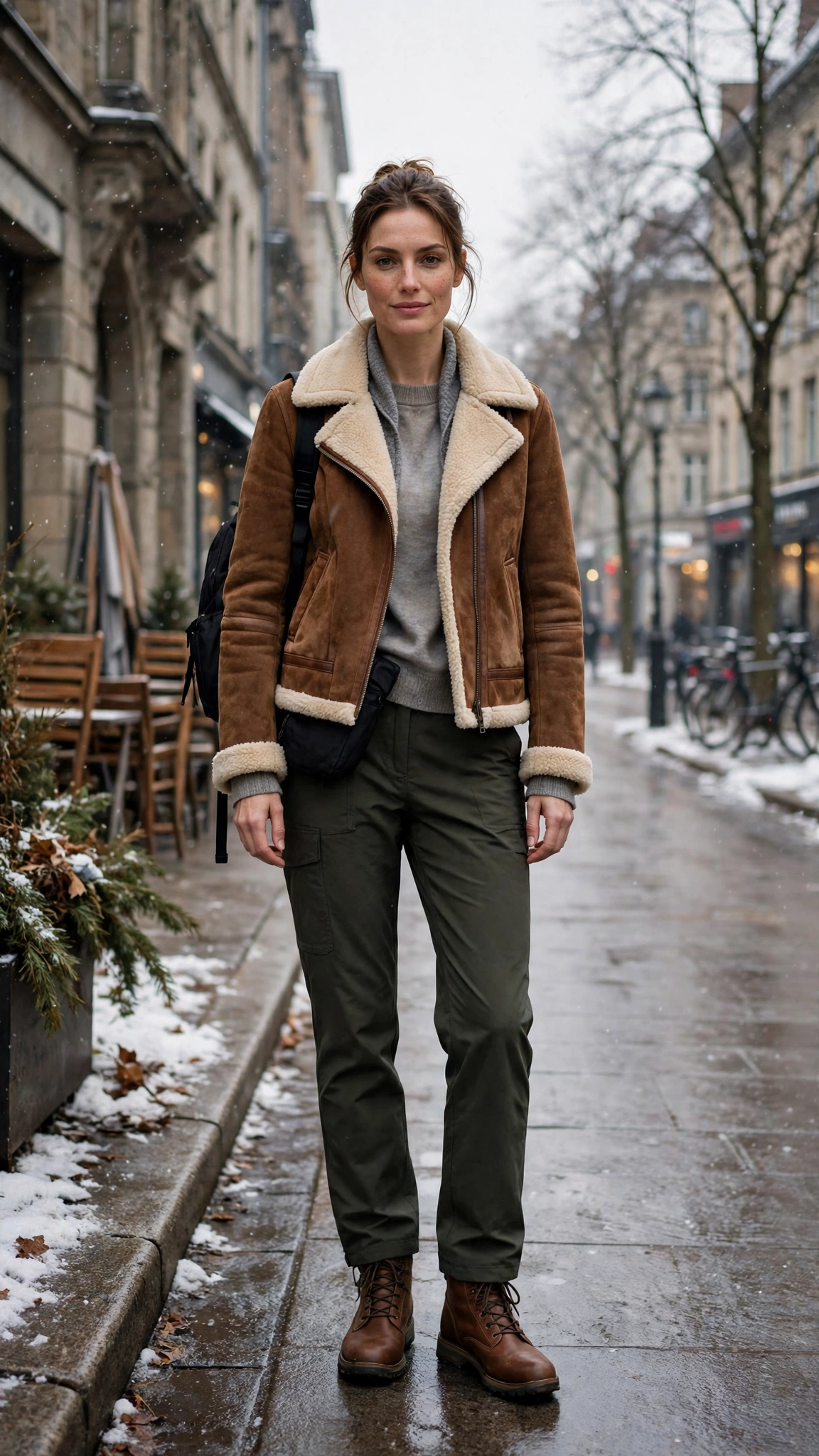 Grey Accent Suede Shearling Jacket with travel trousers