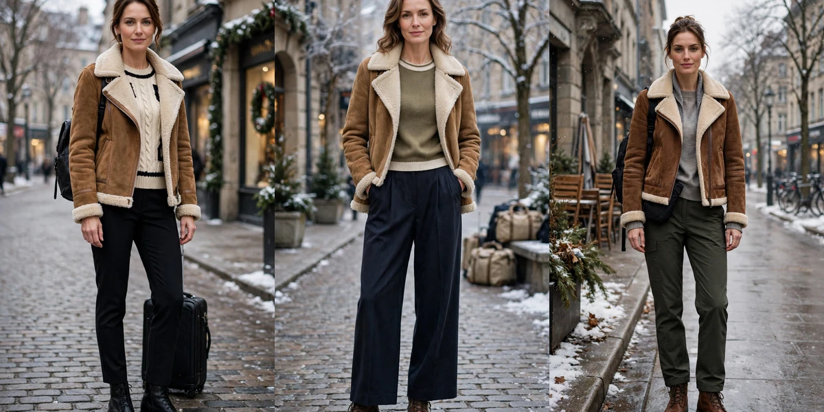 Suede shearling jacket outfits for winter travel