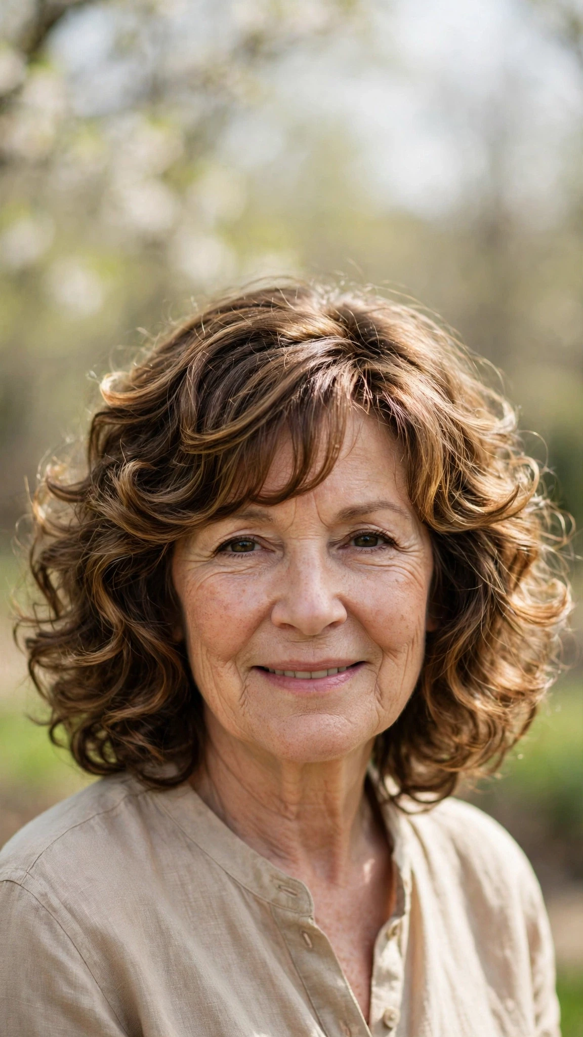 50 Sun kissed highlights for women over 60 with a layered bob and warm tones That Are Chic, Fresh and Flattering 11 Sun Kissed Highlights With A Layered Bob And Warm Tones With Loose Romantic Curls, A Soft Side-Swept Fringe And Natural Brunette Depth