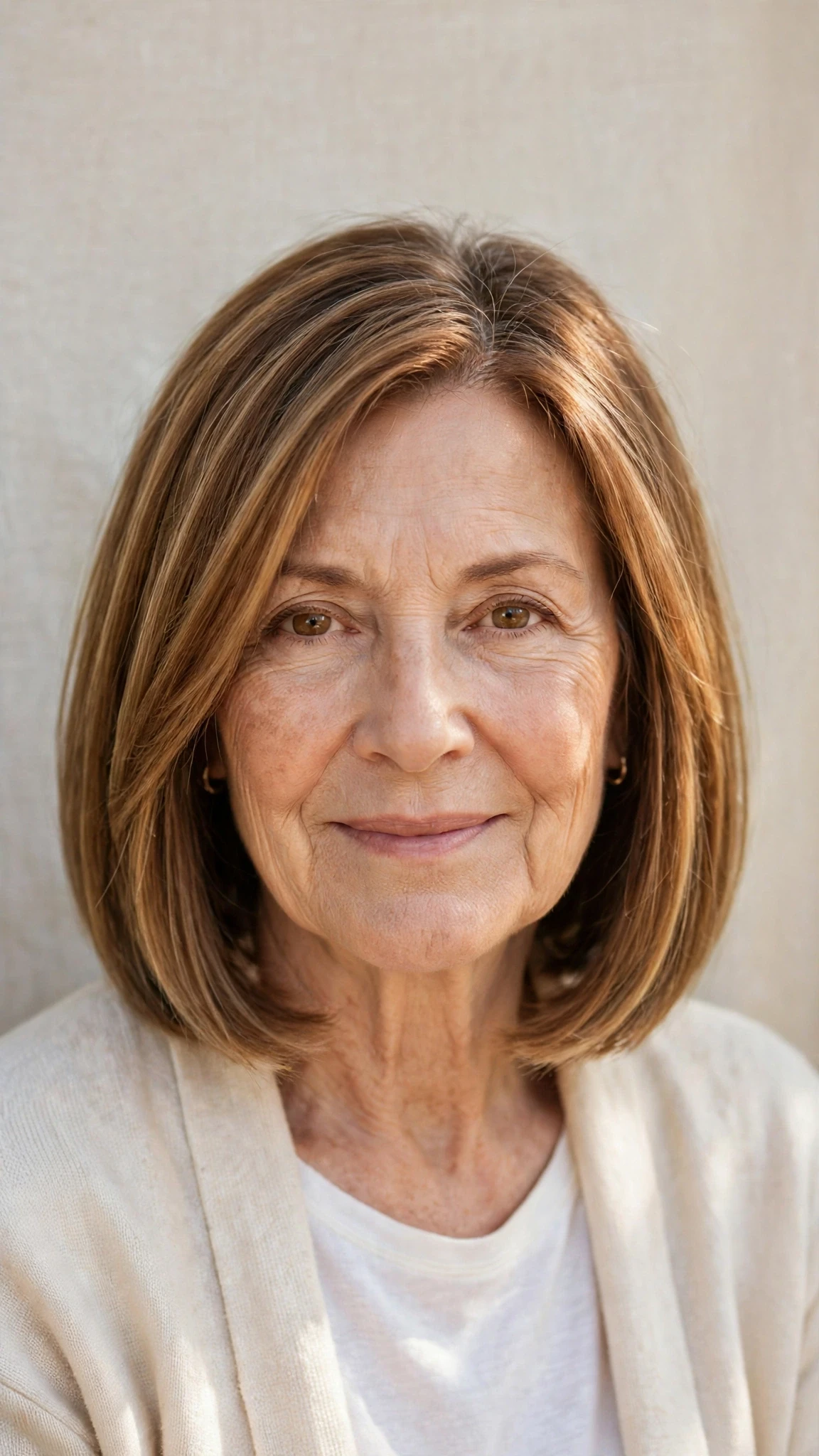 50 Sun kissed highlights for women over 60 with a layered bob and warm tones That Are Chic, Fresh and Flattering 14 Sun Kissed Highlights With A Layered Bob And Warm Tones With A Sleek Straight Finish, Wispy Pieces Around The Face And Warm Caramel Tones