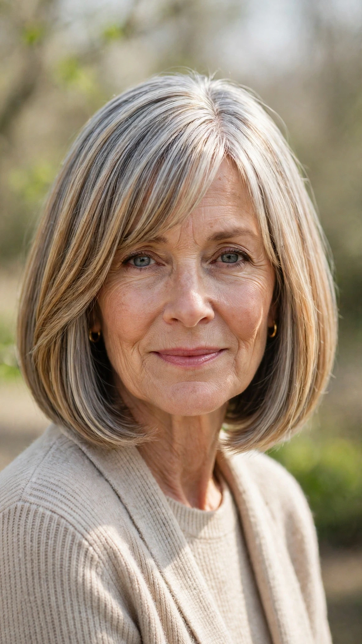 50 Sun kissed highlights for women over 60 with a layered bob and warm tones That Are Chic, Fresh and Flattering 18 Sun Kissed Highlights With A Layered Bob And Warm Tones With A Sleek Straight Finish, Curtain Pieces And Silver-Blended Brightness