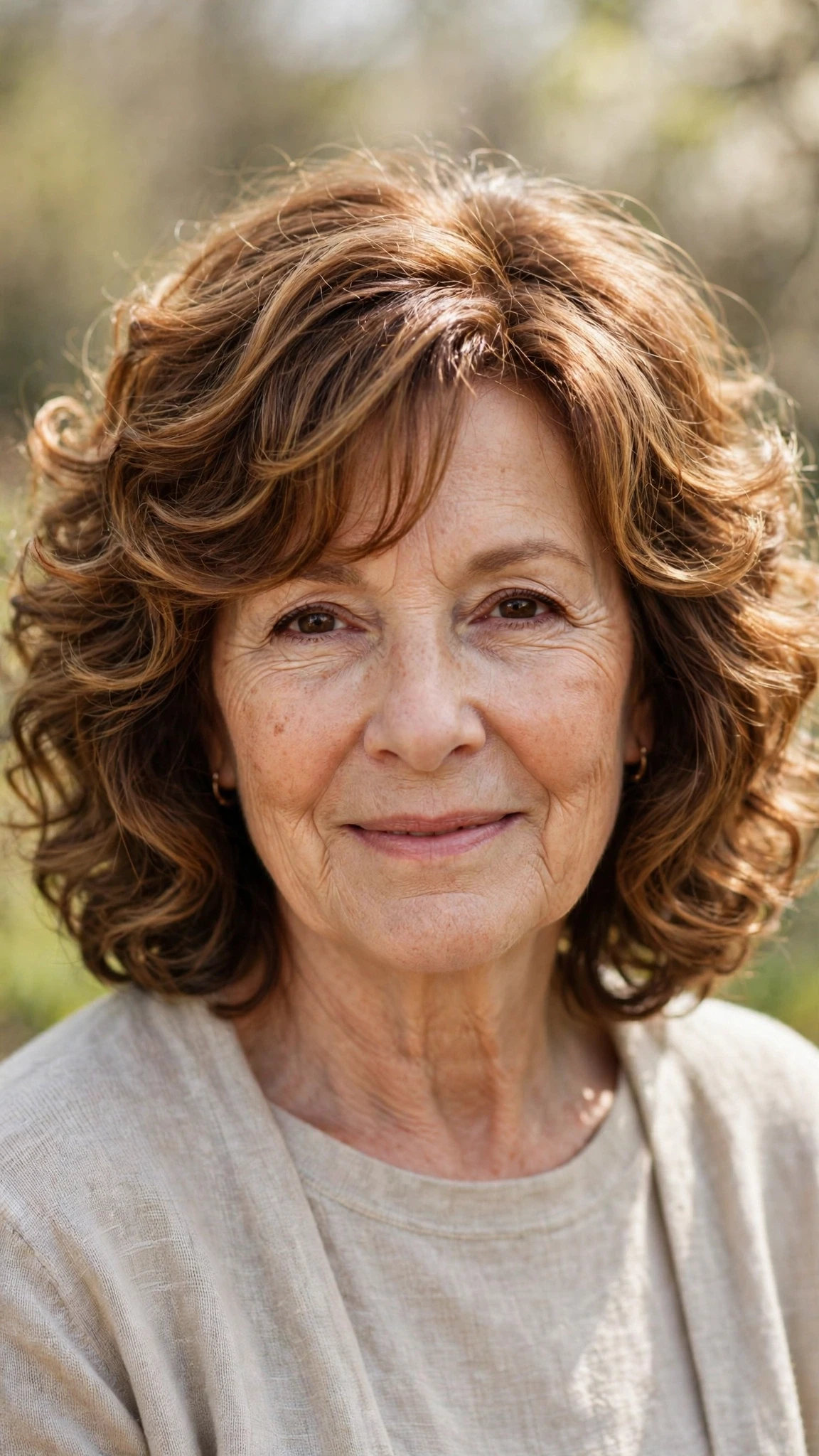 50 Sun kissed highlights for women over 60 with a layered bob and warm tones That Are Chic, Fresh and Flattering 47 Sun Kissed Highlights With A Layered Bob And Warm Tones With Loose Romantic Curls, A Soft Side-Swept Fringe And Warm Chestnut Warmth