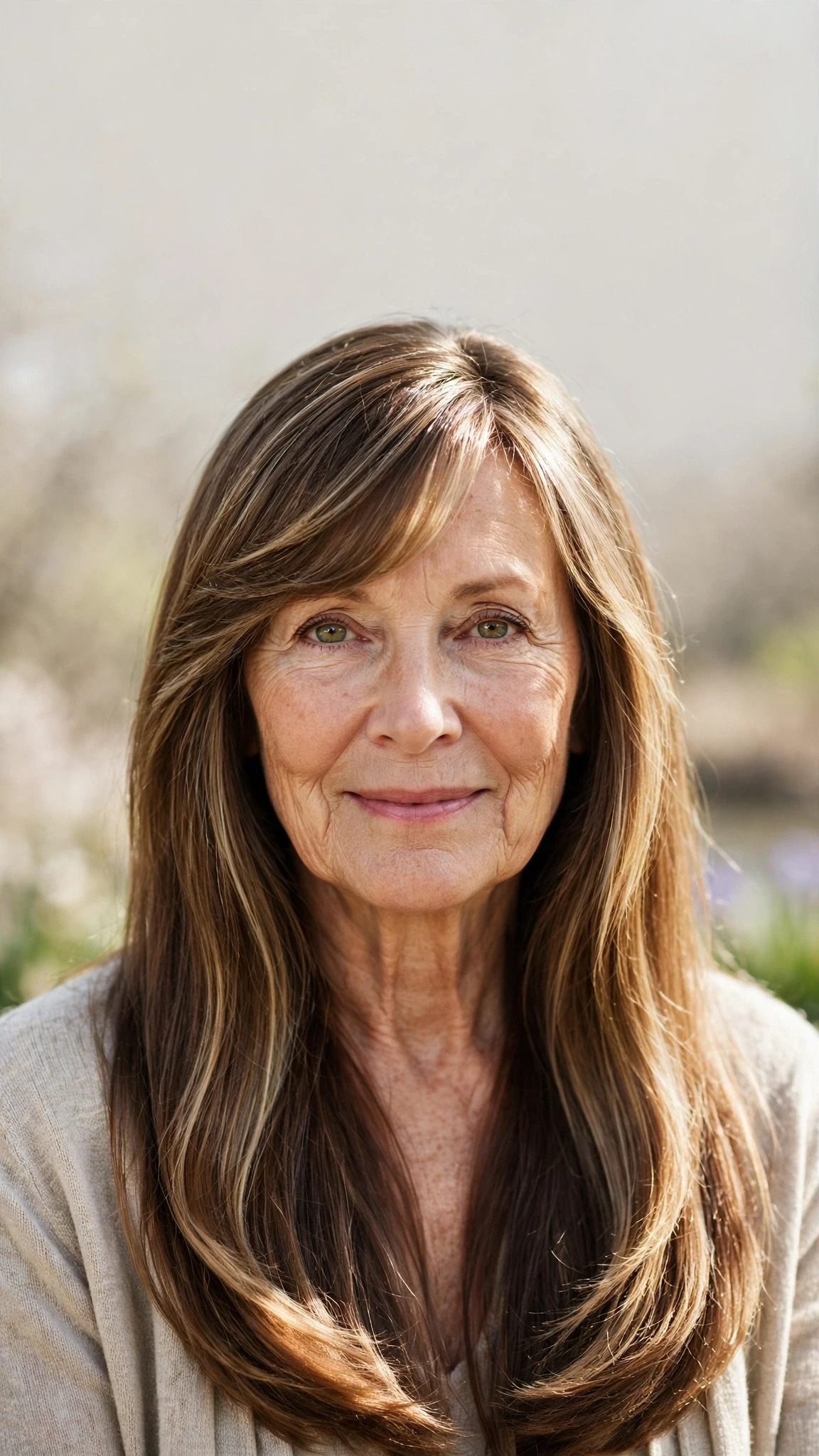 38 Sun kissed highlights for women over 60 with long hair and natural shine That Are Chic, Fresh and Flattering 4 Sun Kissed Highlights With Long Hair And Natural Shine With Smooth Glossy Lengths, A Soft Side-Swept Fringe And A Glossy Shine Finish