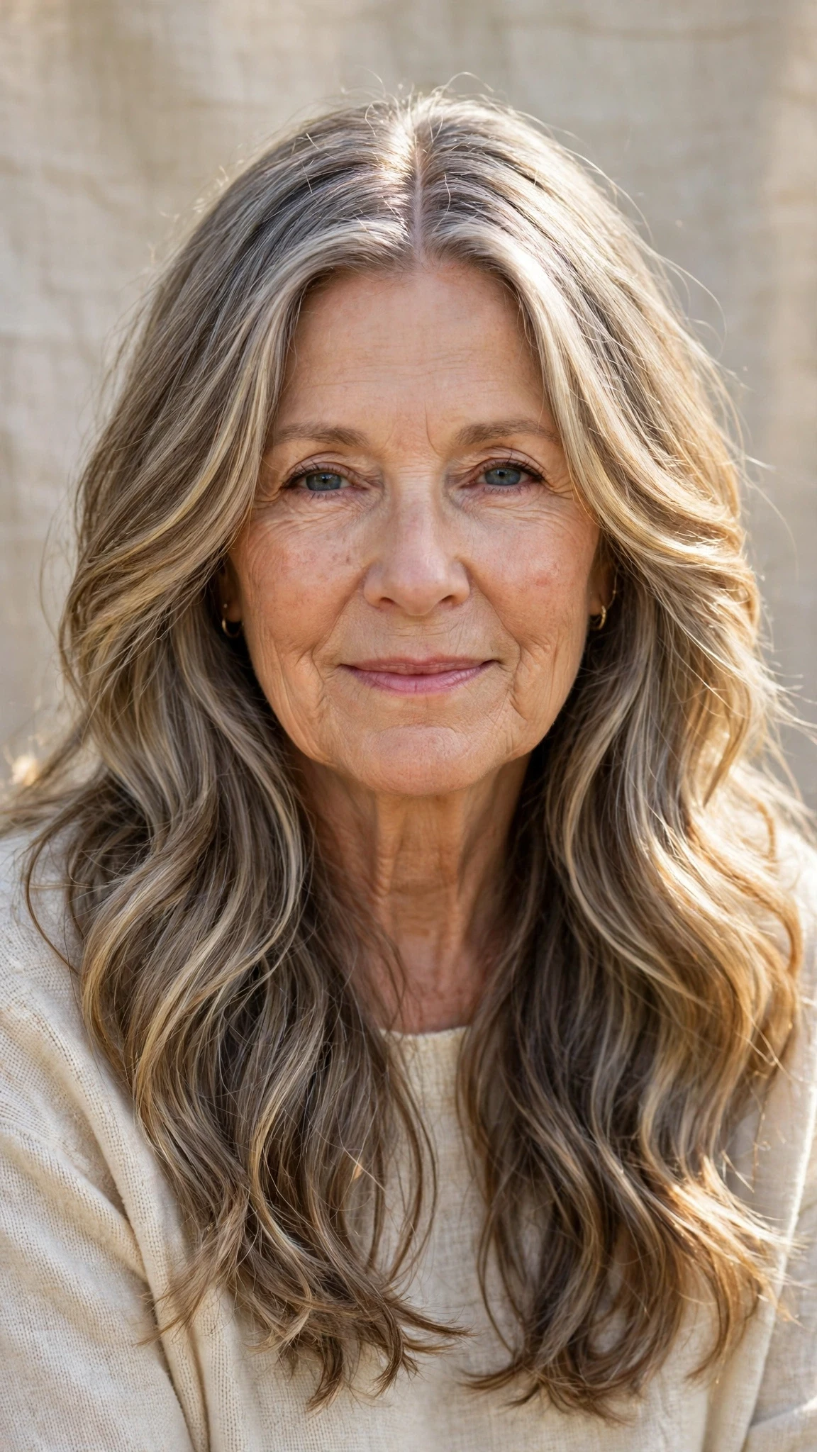 38 Sun kissed highlights for women over 60 with long hair and natural shine That Are Chic, Fresh and Flattering 5 Sun Kissed Highlights With Long Hair And Natural Shine With A Relaxed Lived-In Wave, A Centre Part With Soft Layers And Cool Ash Softness
