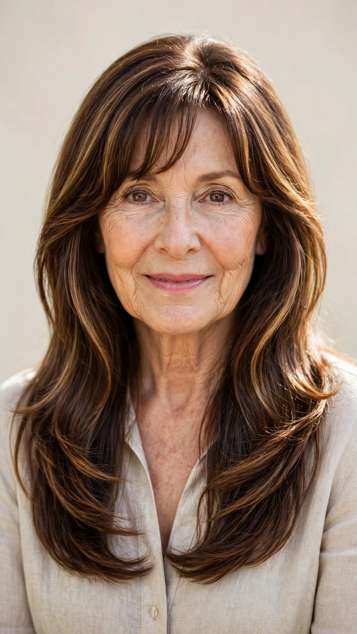 38 Sun kissed highlights for women over 60 with long hair and natural shine That Are Chic, Fresh and Flattering 11 Sun Kissed Highlights With Long Hair And Natural Shine With A Polished Blowout, Curtain Pieces And Natural Brunette Depth