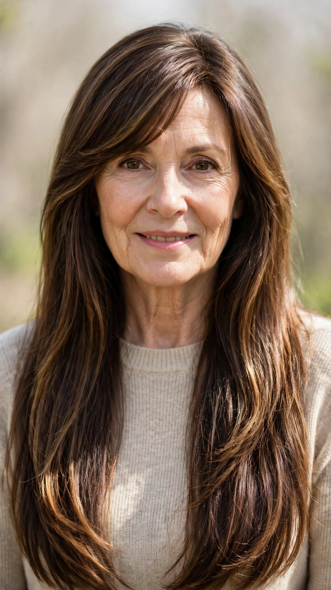 38 Sun kissed highlights for women over 60 with long hair and natural shine That Are Chic, Fresh and Flattering 16 Sun Kissed Highlights With Long Hair And Natural Shine With Smooth Glossy Lengths, A Soft Side-Swept Fringe And Natural Brunette Depth