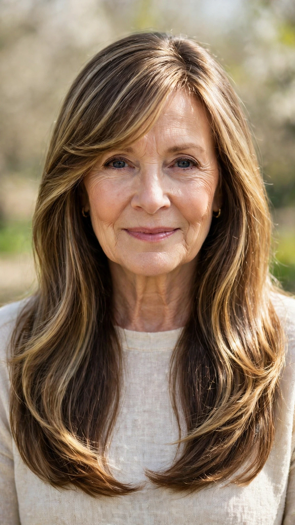 38 Sun kissed highlights for women over 60 with long hair and natural shine That Are Chic, Fresh and Flattering 28 Sun Kissed Highlights With Long Hair And Natural Shine With Smooth Glossy Lengths, A Soft Side-Swept Fringe And Soft Golden Pieces