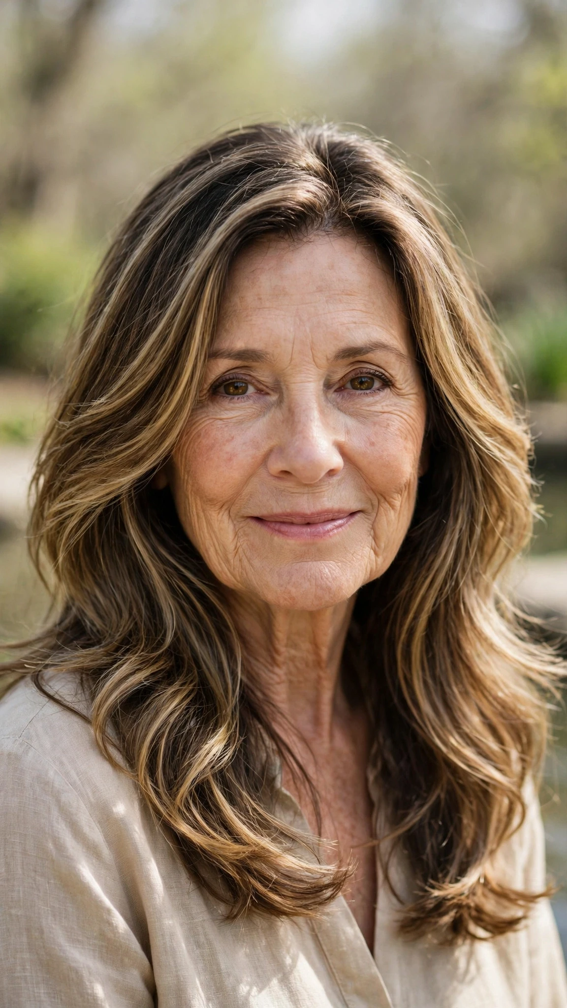 38 Sun kissed highlights for women over 60 with long hair and natural shine That Are Chic, Fresh and Flattering 38 Sun Kissed Highlights With Long Hair And Natural Shine With Soft Waves, A Layered Shape That Moves And Natural Brunette Depth