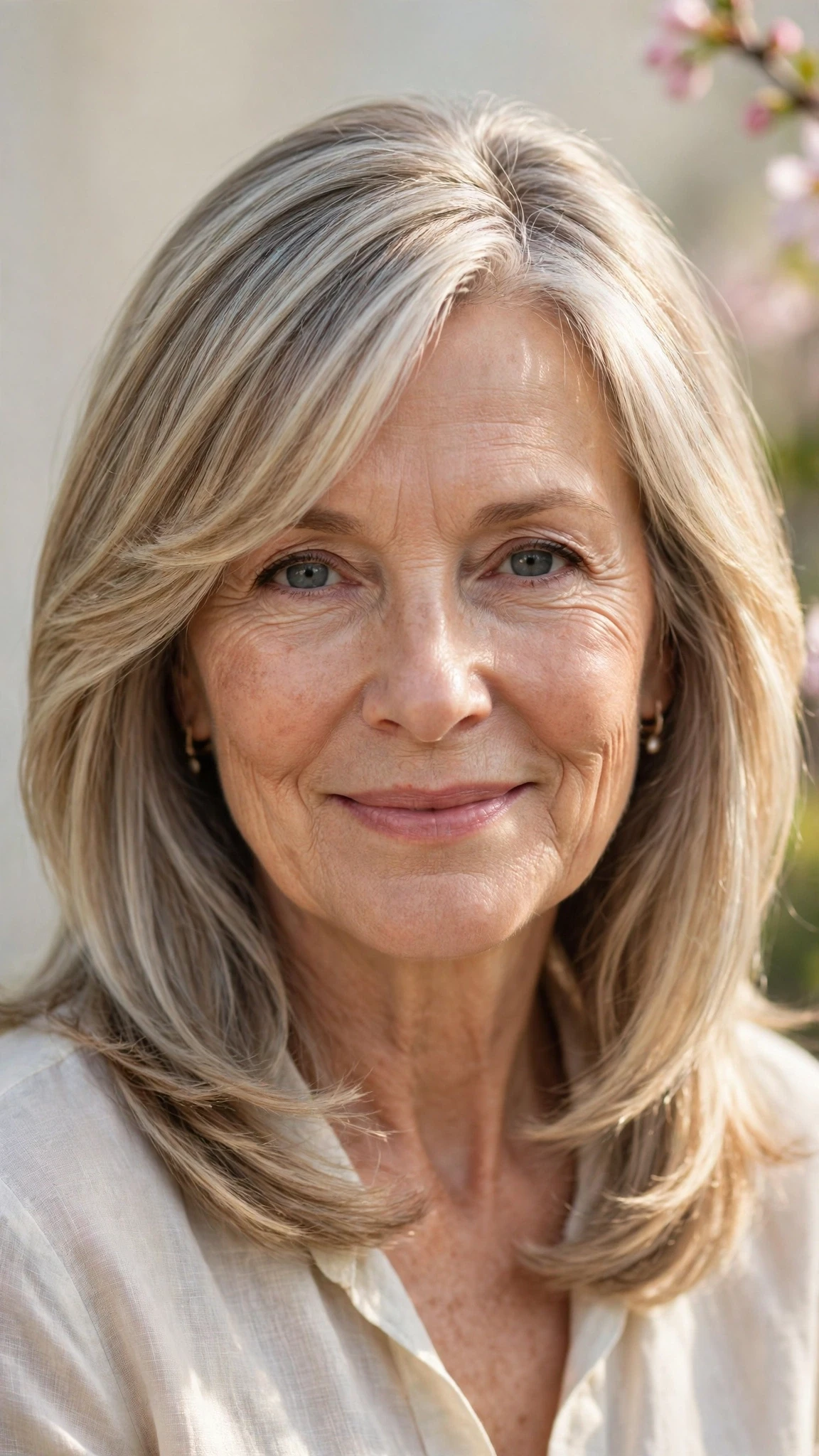 Sun Kissed Highlights Hairstyles For Easter With A Fresh Cut With Smooth Glossy Lengths, A Soft Side-Swept Fringe And Cool Ash Softness