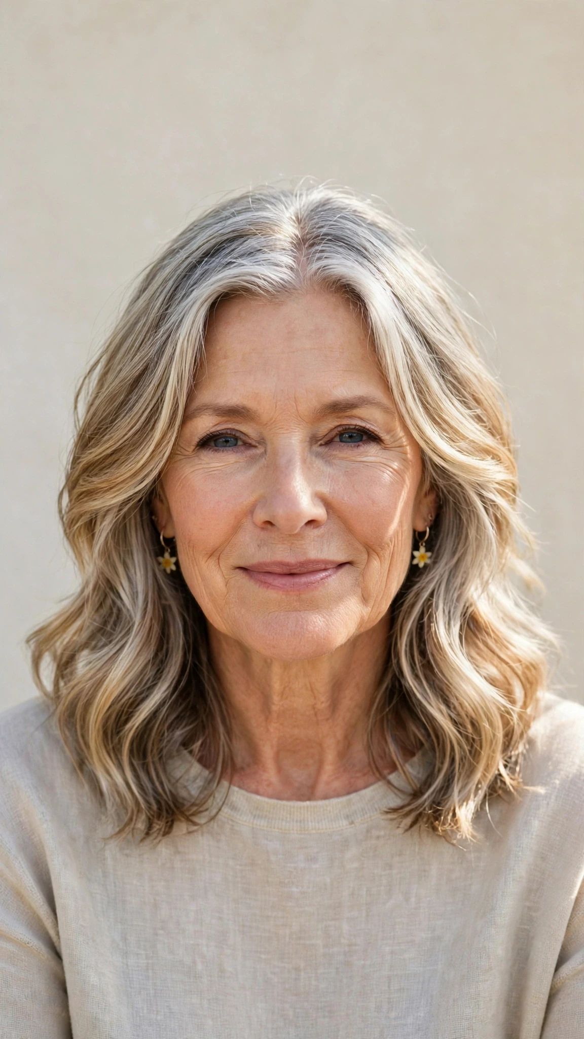 Sun Kissed Highlights Hairstyles For Easter With A Fresh Cut With A Relaxed Lived-In Wave, A Centre Part With Soft Layers And Silver-Blended Brightness