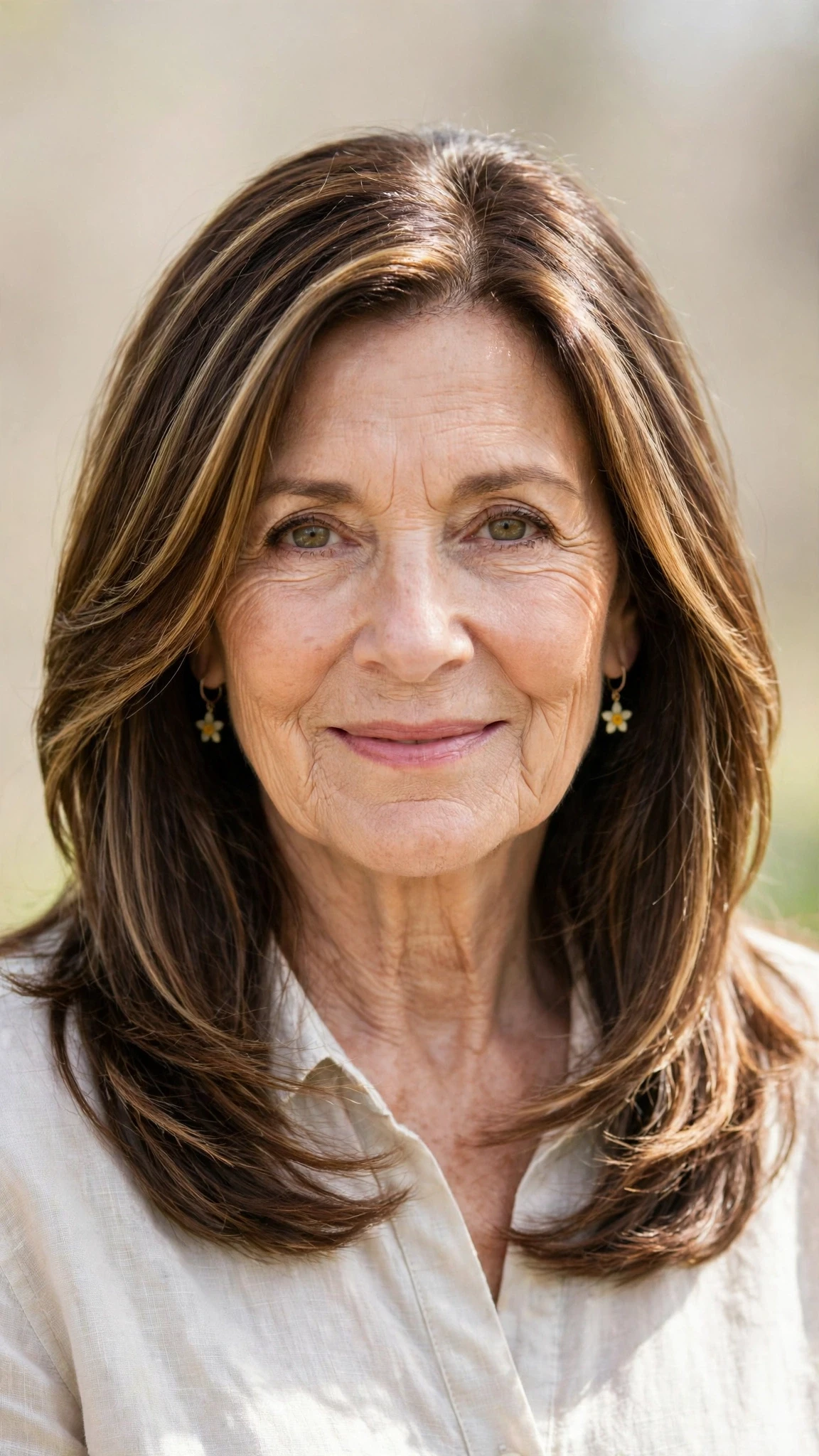 Sun Kissed Highlights Hairstyles For Easter With A Fresh Cut With Smooth Glossy Lengths, Face-Framing Layers And Natural Brunette Depth
