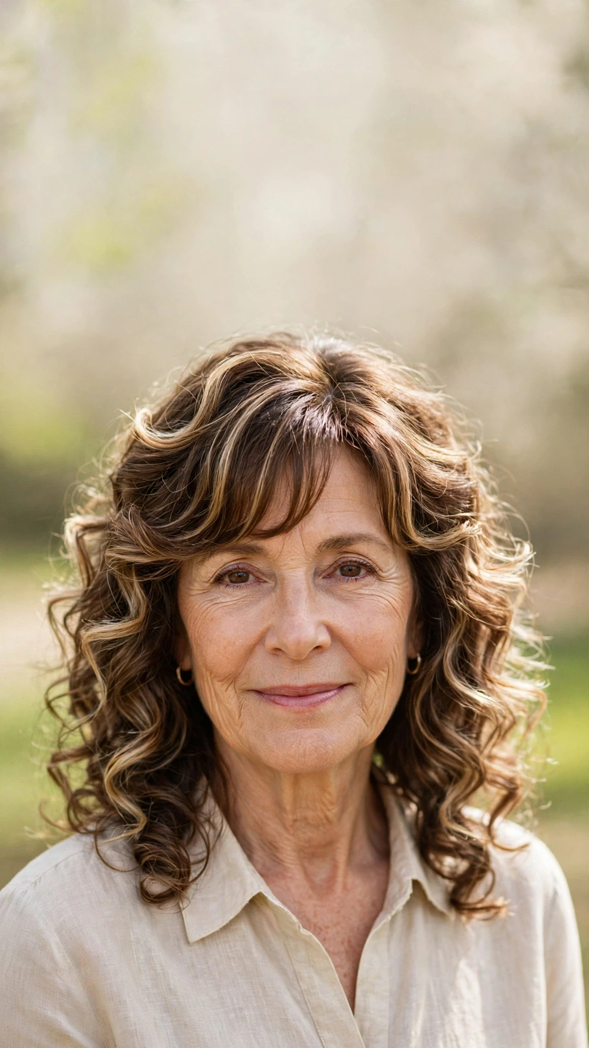 Sun Kissed Highlights Hairstyles For Spring With Soft Blonde Pieces With Loose Romantic Curls, A Soft Side-Swept Fringe And Natural Brunette Depth