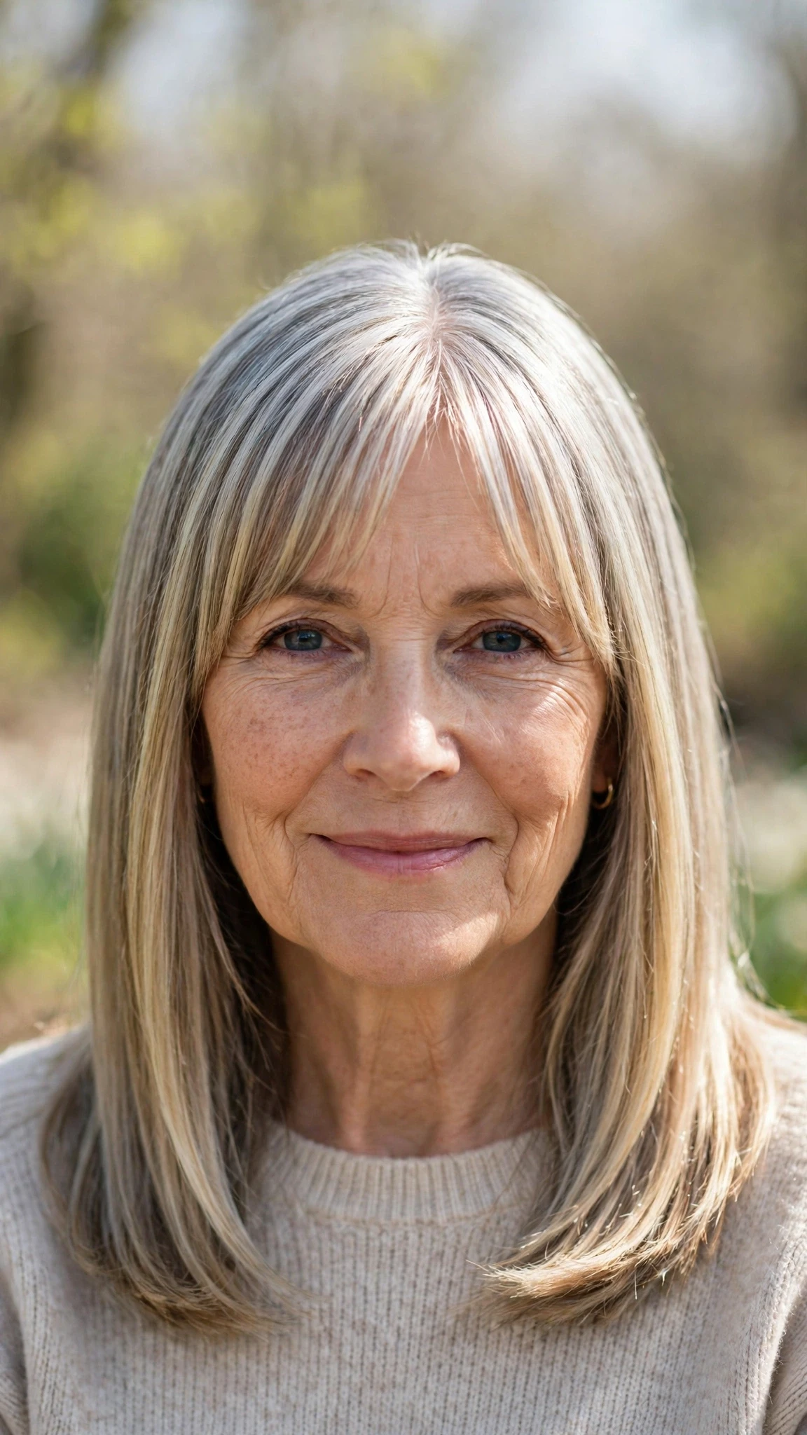 Sun Kissed Highlights Hairstyles For Spring With Soft Blonde Pieces With A Sleek Straight Finish, Curtain Pieces And Silver-Blended Brightness