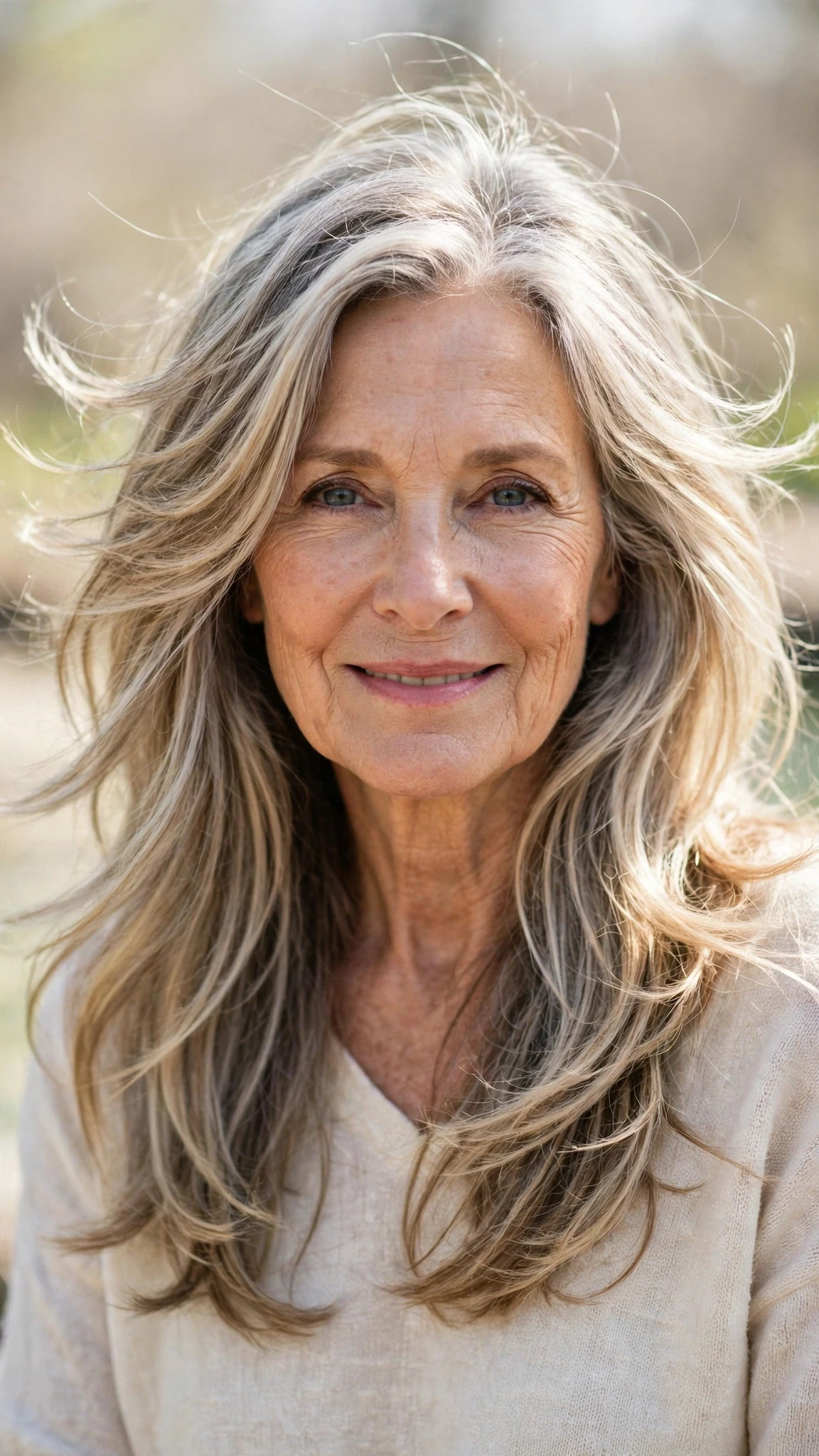 Sun Kissed Highlights Hairstyles With Grey Blending And Light Pieces With Airy Feathered Movement, Long Soft Layers And A Fresh Salon Shine