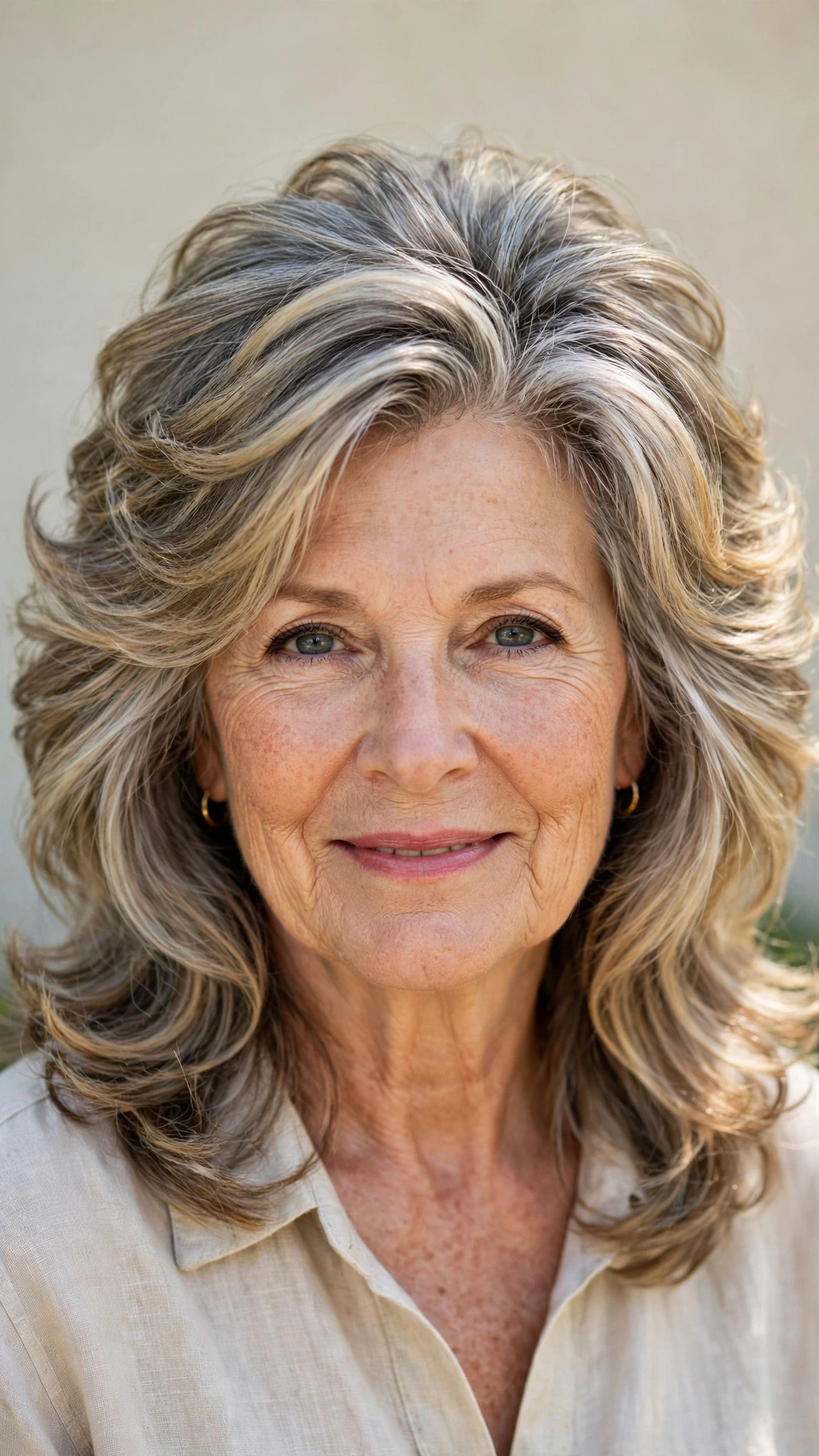 Sun Kissed Highlights Hairstyles With Grey Blending And Light Pieces With Bouncy Volume At The Roots, A Layered Shape That Moves And A Glossy Shine Finish