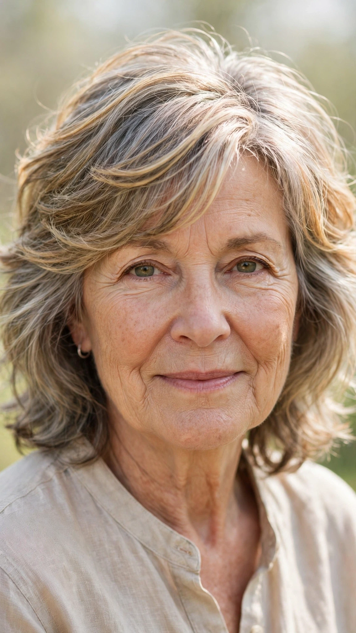 Sun Kissed Highlights Hairstyles With Grey Blending And Light Pieces With Gentle Tousled Texture, A Soft Side-Swept Fringe And Soft Golden Pieces