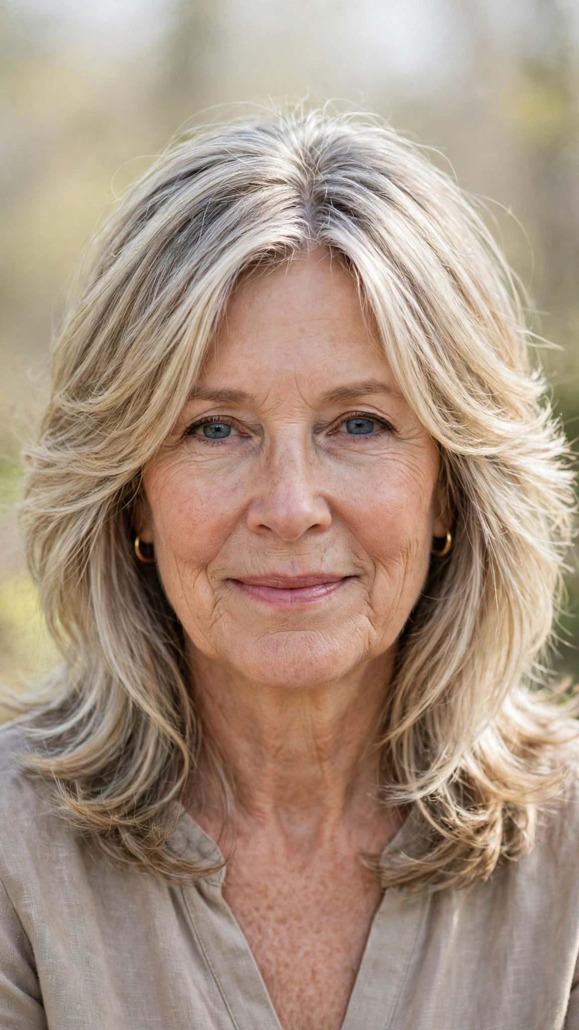 Sun Kissed Highlights Hairstyles With Grey Blending And Light Pieces With Airy Feathered Movement, A Centre Part With Soft Layers And Delicate Blonde Dimension