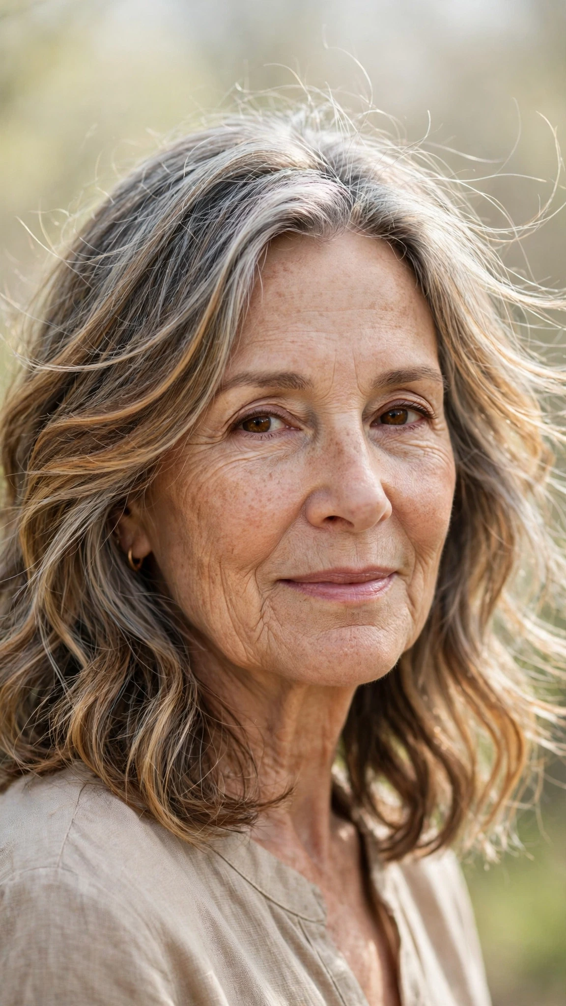 Sun Kissed Highlights Hairstyles With Grey Blending And Light Pieces With Delicate Natural Movement, Wispy Pieces Around The Face And Warm Caramel Tones