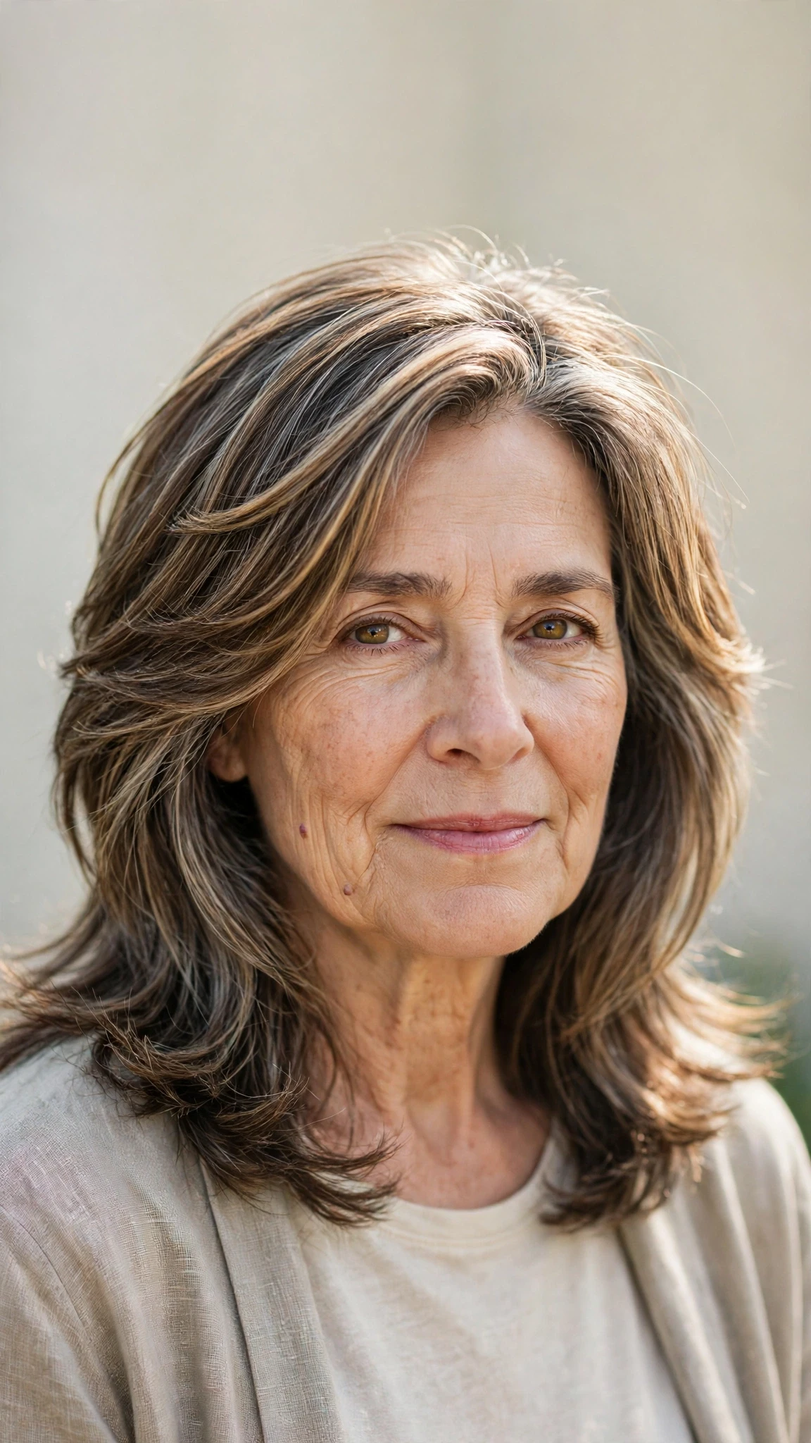 Sun Kissed Highlights Hairstyles With Grey Blending And Light Pieces With Airy Feathered Movement, Blunt Ends With Soft Layers And Natural Brunette Depth