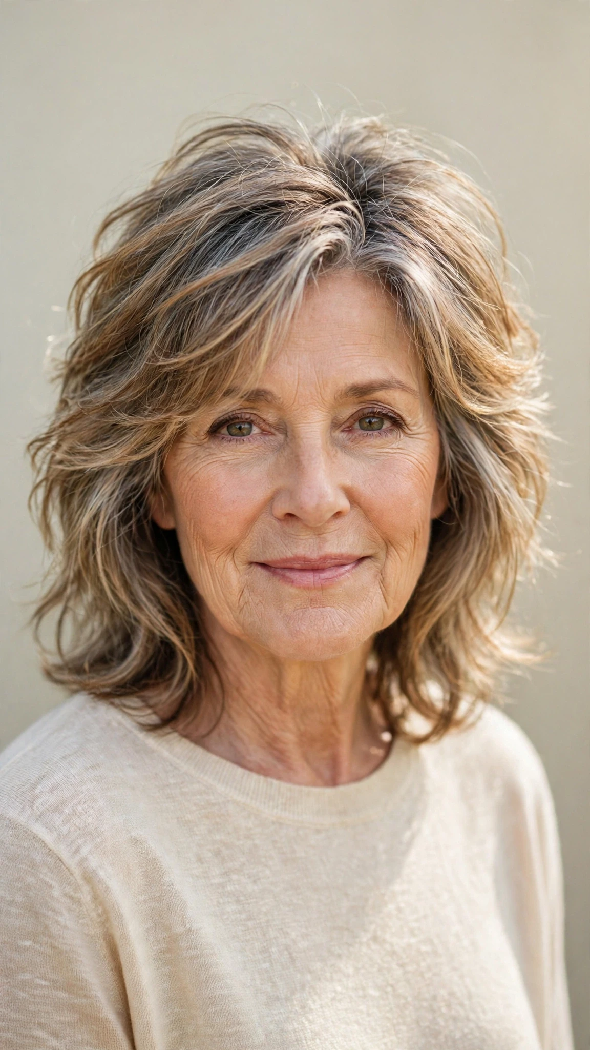 Sun Kissed Highlights Hairstyles With Grey Blending And Light Pieces With Gentle Tousled Texture, Graduated Layers And Warm Caramel Tones