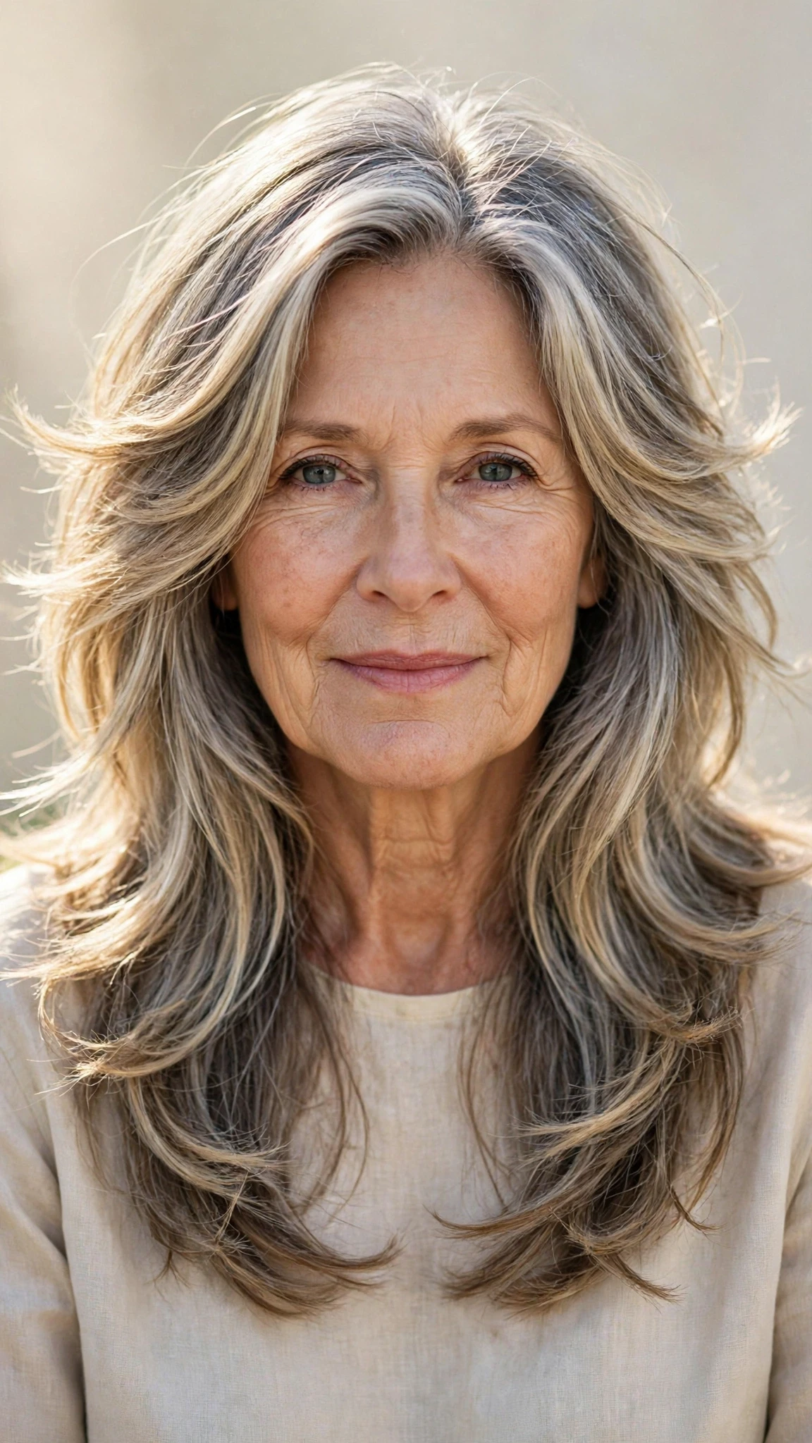 Sun Kissed Highlights Hairstyles With Grey Blending And Light Pieces With Airy Feathered Movement, Long Soft Layers And Sunlit Dimension