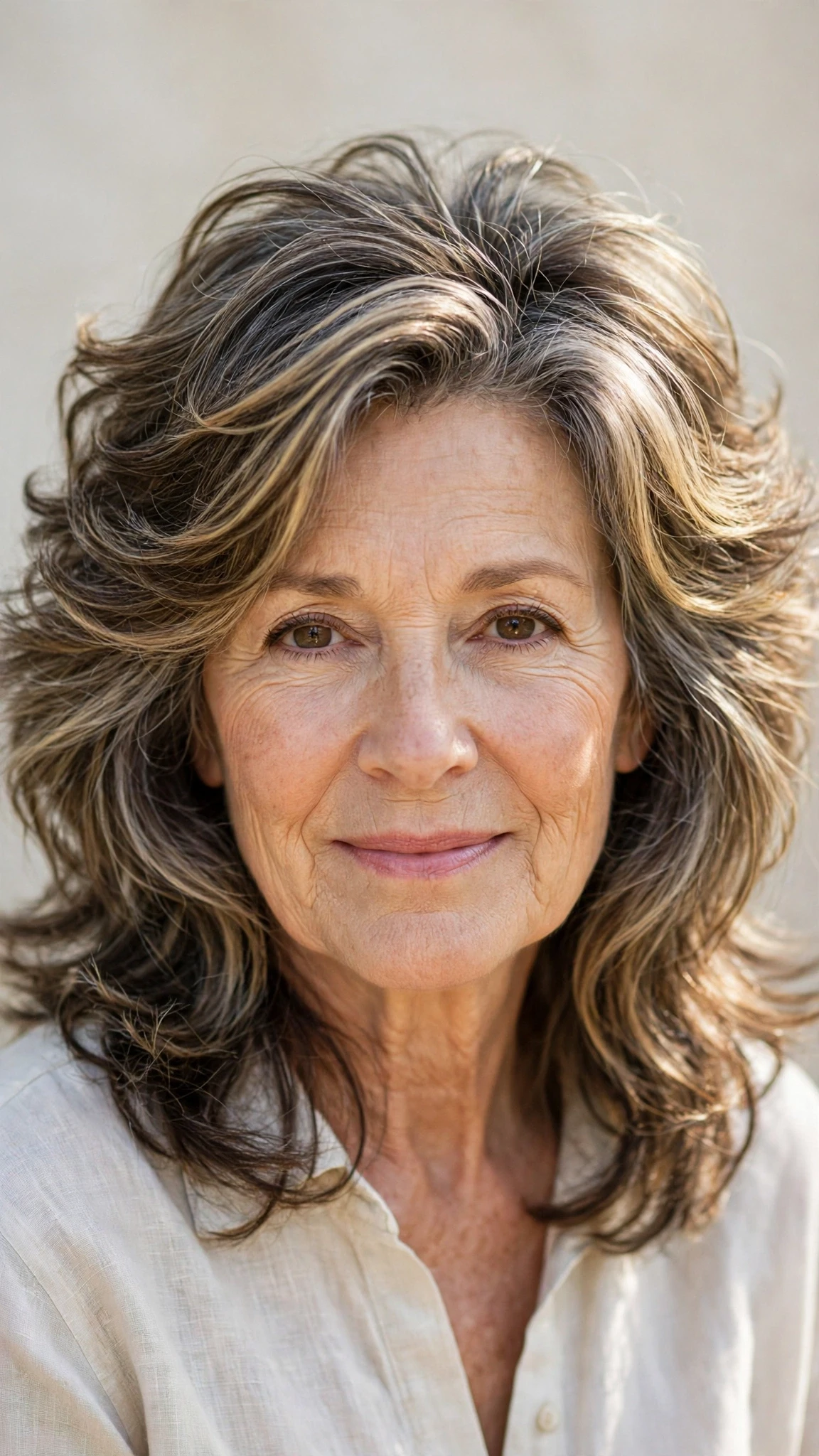 Sun Kissed Highlights Hairstyles With Grey Blending And Light Pieces With Bouncy Volume At The Roots, A Layered Shape That Moves And Natural Brunette Depth