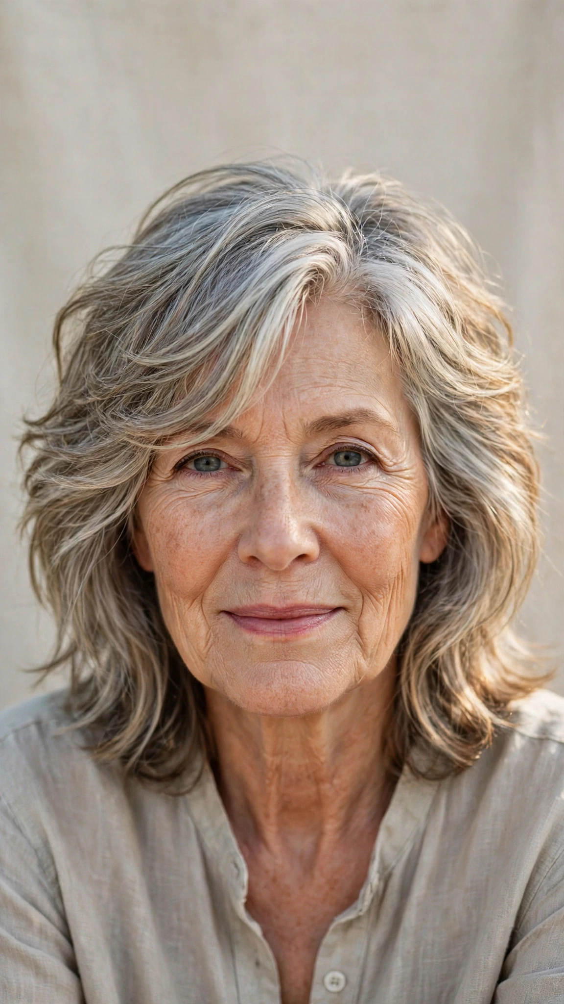 Sun Kissed Highlights Hairstyles With Grey Blending And Light Pieces With Gentle Tousled Texture, A Soft Side-Swept Fringe And Silver-Blended Brightness