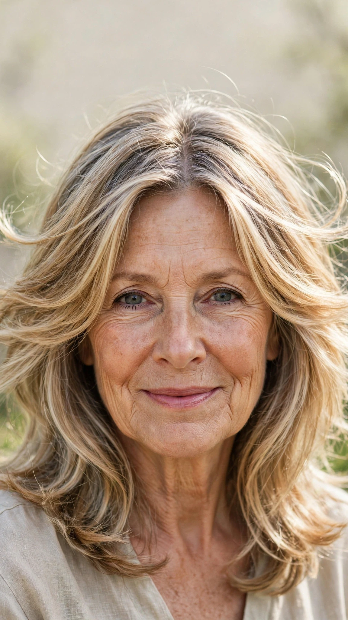 Sun Kissed Highlights Hairstyles With Grey Blending And Light Pieces With Airy Feathered Movement, A Centre Part With Soft Layers And Honey Blonde Shine