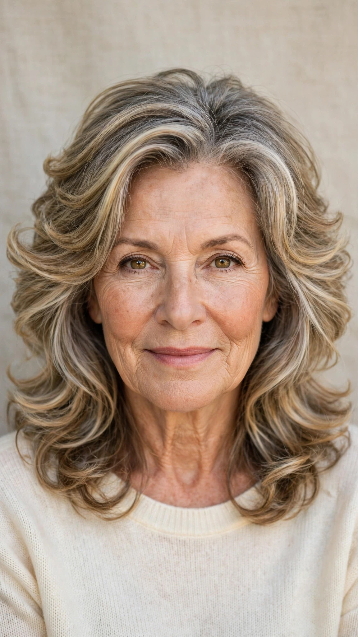 Sun Kissed Highlights Hairstyles With Grey Blending And Light Pieces With Bouncy Volume At The Roots, Feathered Ends And A Fresh Salon Shine