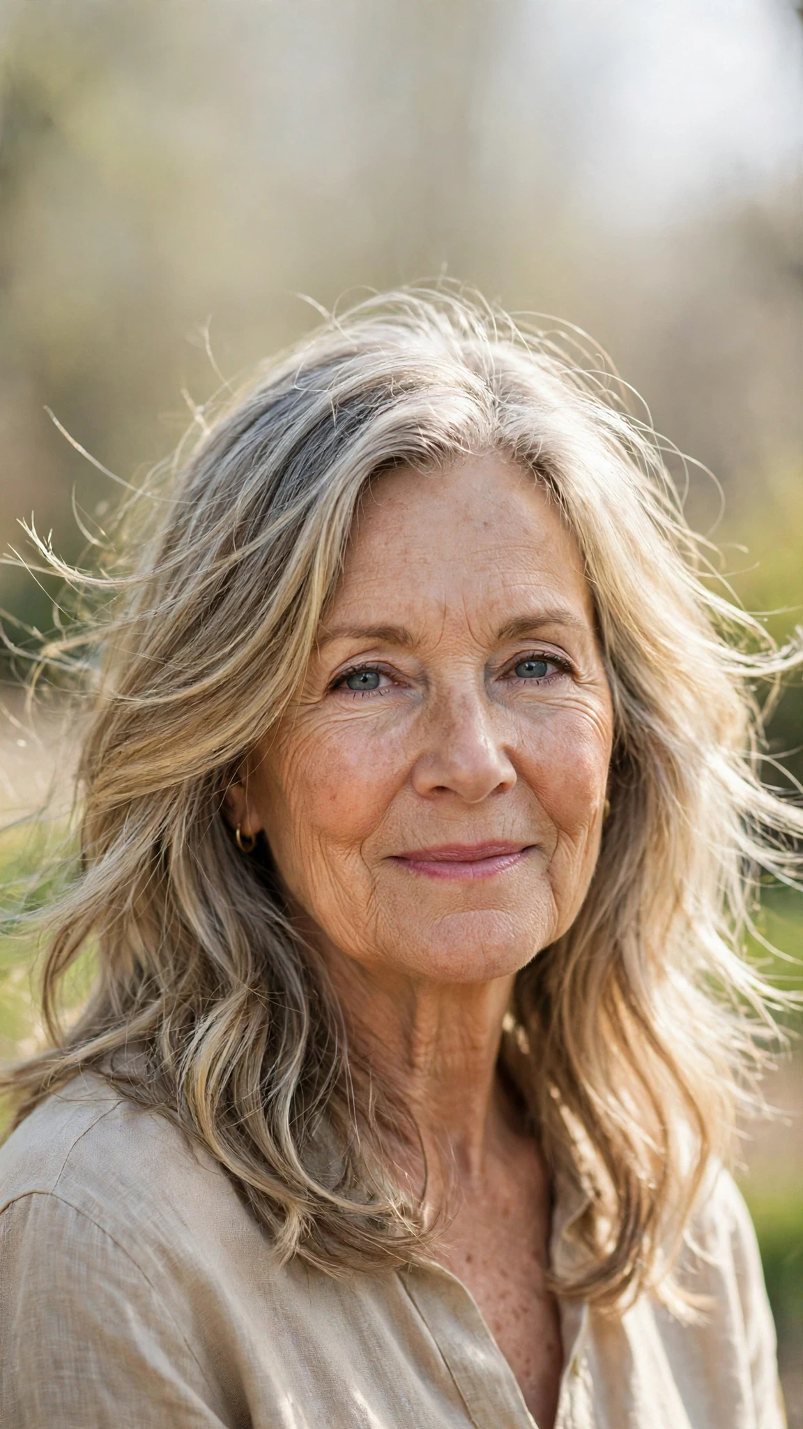 Sun Kissed Highlights Hairstyles With Grey Blending And Light Pieces With Delicate Natural Movement, Wispy Pieces Around The Face And A Glossy Shine Finish