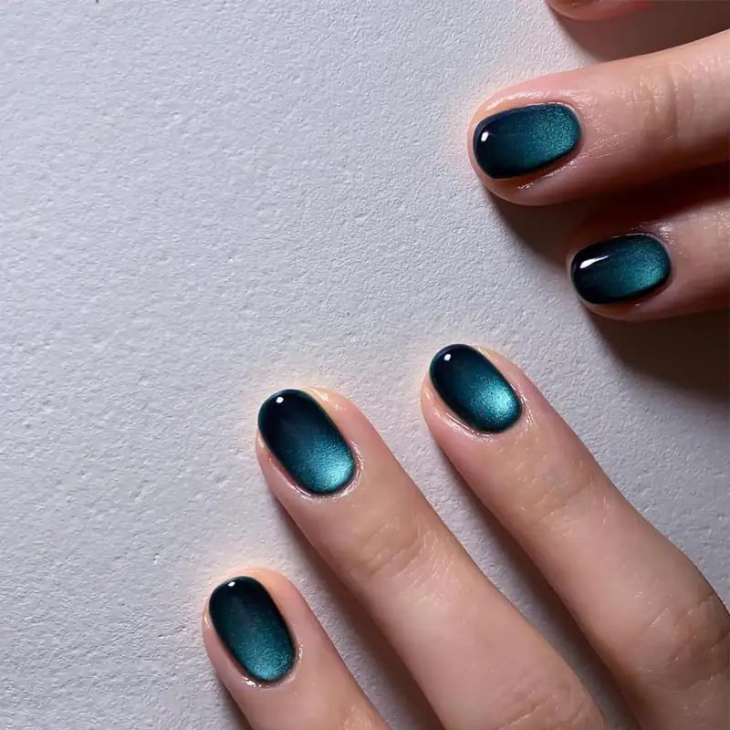 Deep Dark Teal Cat Eye Short Oval Nails for Winter Date Nights