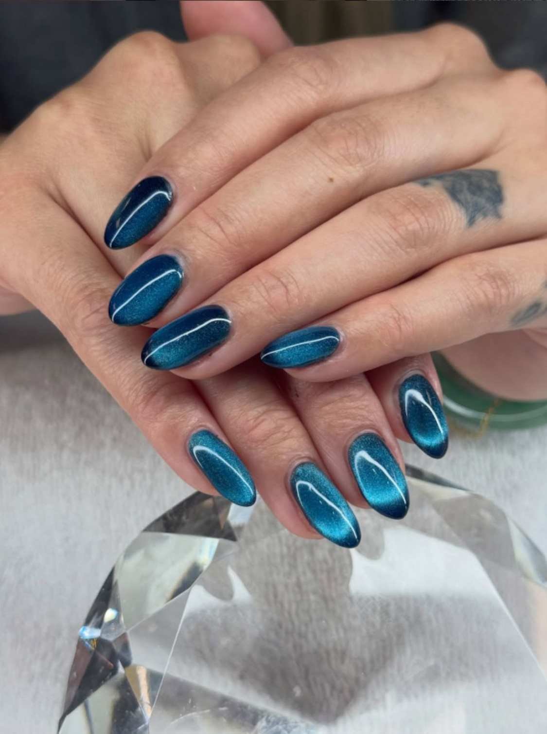 Blue Teal Cat Eye Almond Nails for Winter Date Nights