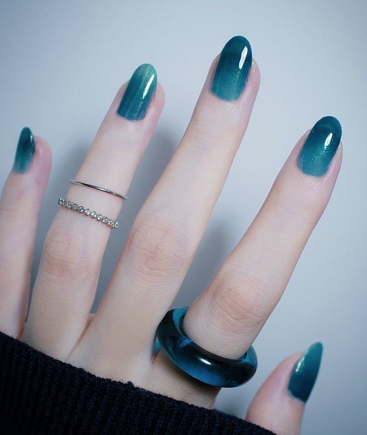 Teal Cat Eye Long Tapered Nails for Winter Date Nights