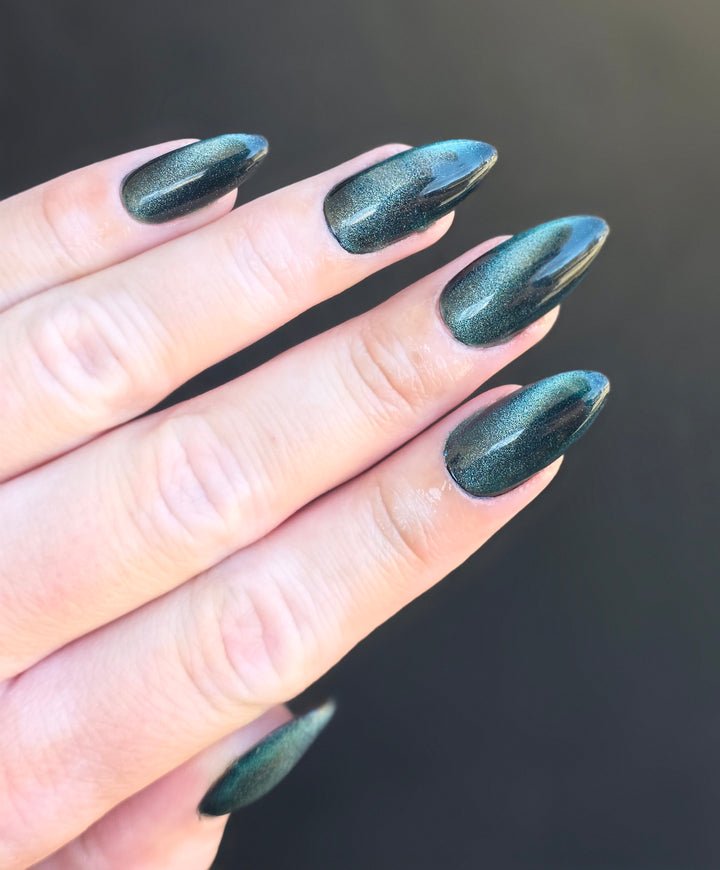 Dark Grey Teal Cat Eye Almond Nails for Winter Date Nights