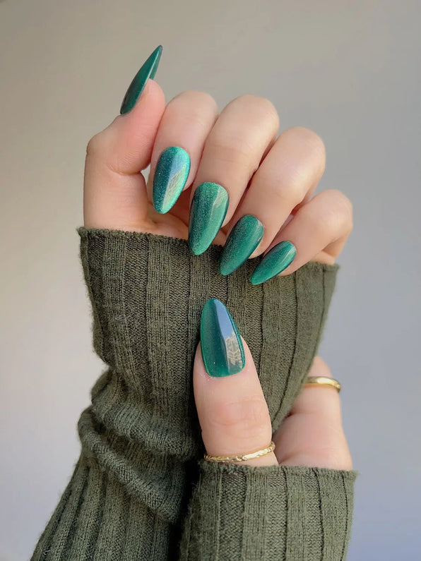 Teal Cat Eye Almond Nails for Winter Date Nights