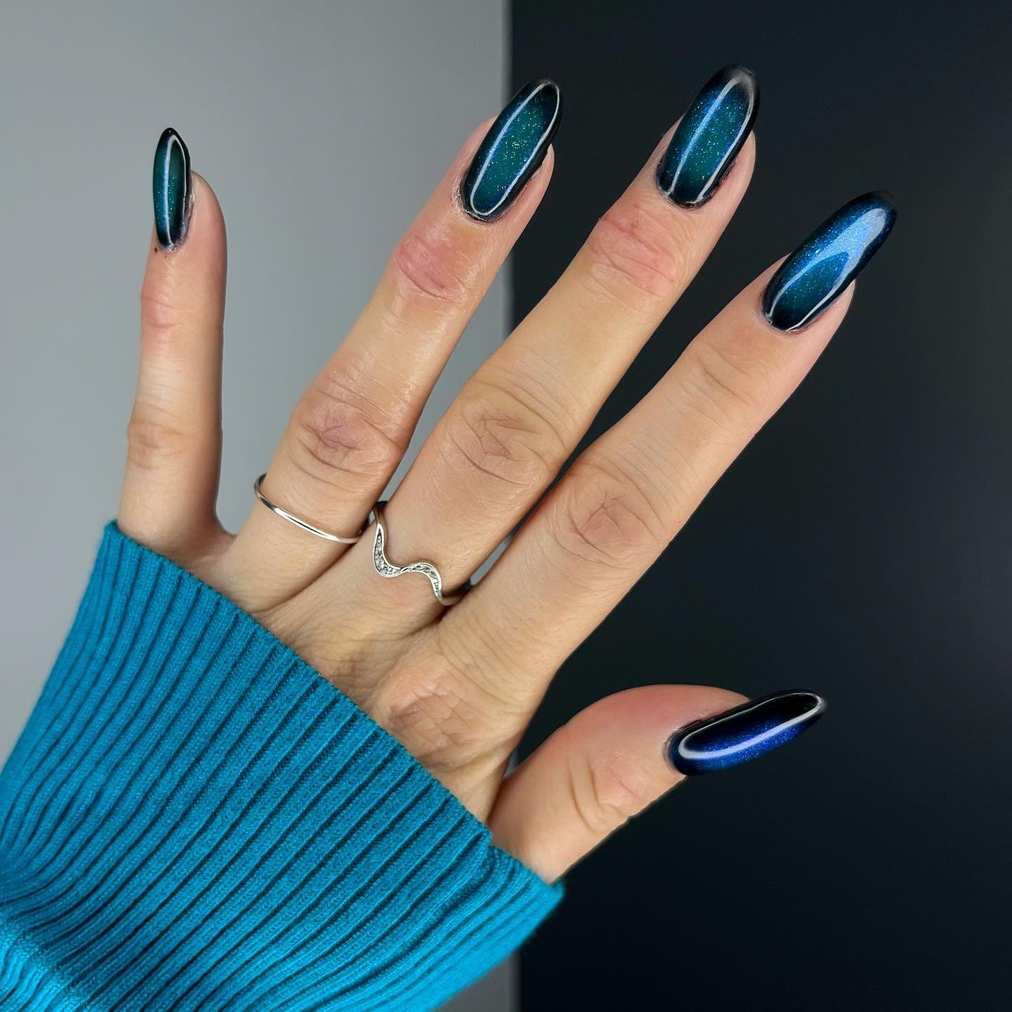 Dark Blue Teal Cat Eye Almond Nails for Winter Date Nights