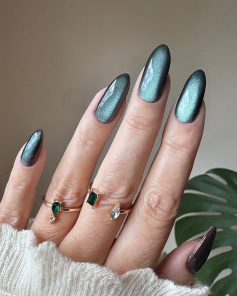 Grey Teal Cat Eye Almond Nails for Winter Date Nights