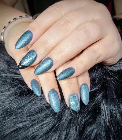 Dusty Blue Teal Cat Eye Almond Nails for Winter Date Nights