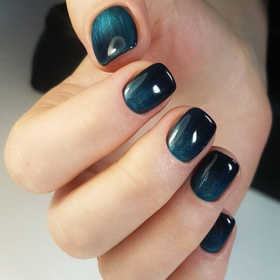 Dark Teal Cat Eye Short Square Nails for Winter Date Nights