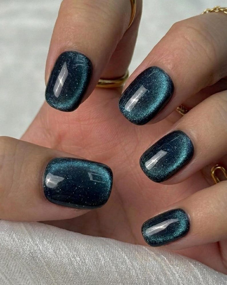 Dark Teal Glitter Cat Eye Square Nails for Winter Date Nights