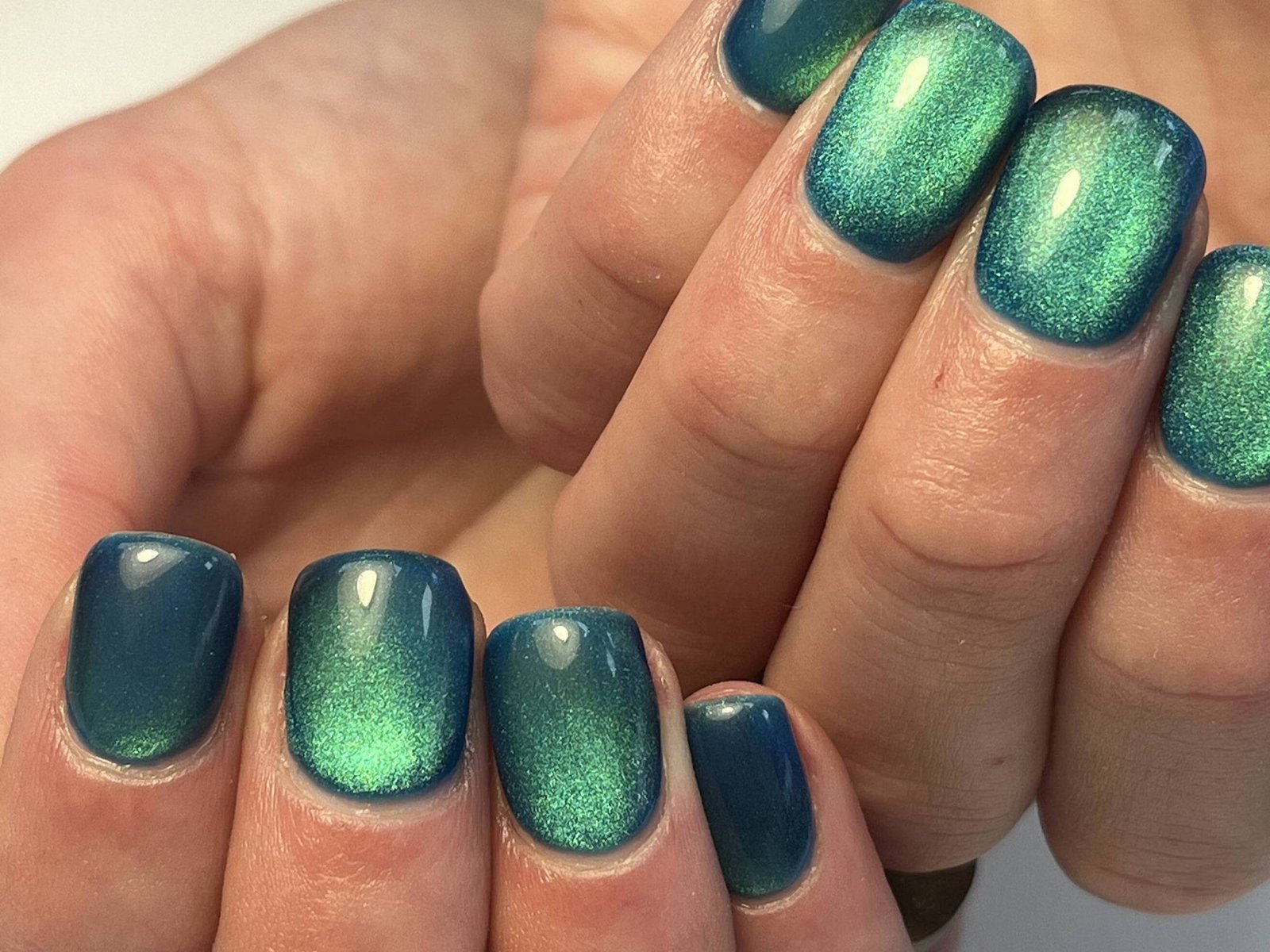Green Teal Glitter Cat Eye Square Nails for Winter Date Nights