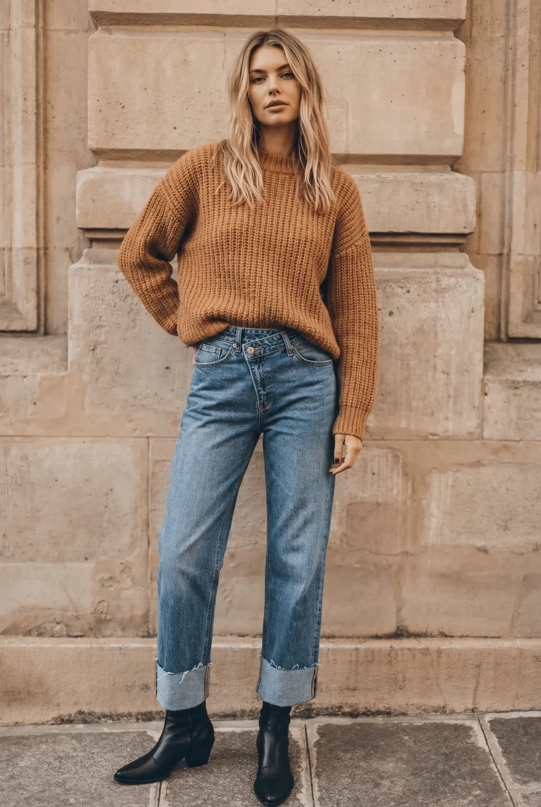 50 Thermal Layering Outfits for Cold January Days That Are Chic, Warm and Elegant 2 Black Thermal Top under a Camel Chunky Knit Sweater with Blue Jeans and Black Ankle Boots