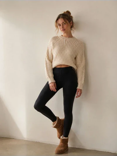 50 Thermal Layering Outfits for Cold January Days That Are Chic, Warm and Elegant 3 Grey Thermal Top under a Cream Knit Sweater with Black Leggings and Brown Ankle Boots
